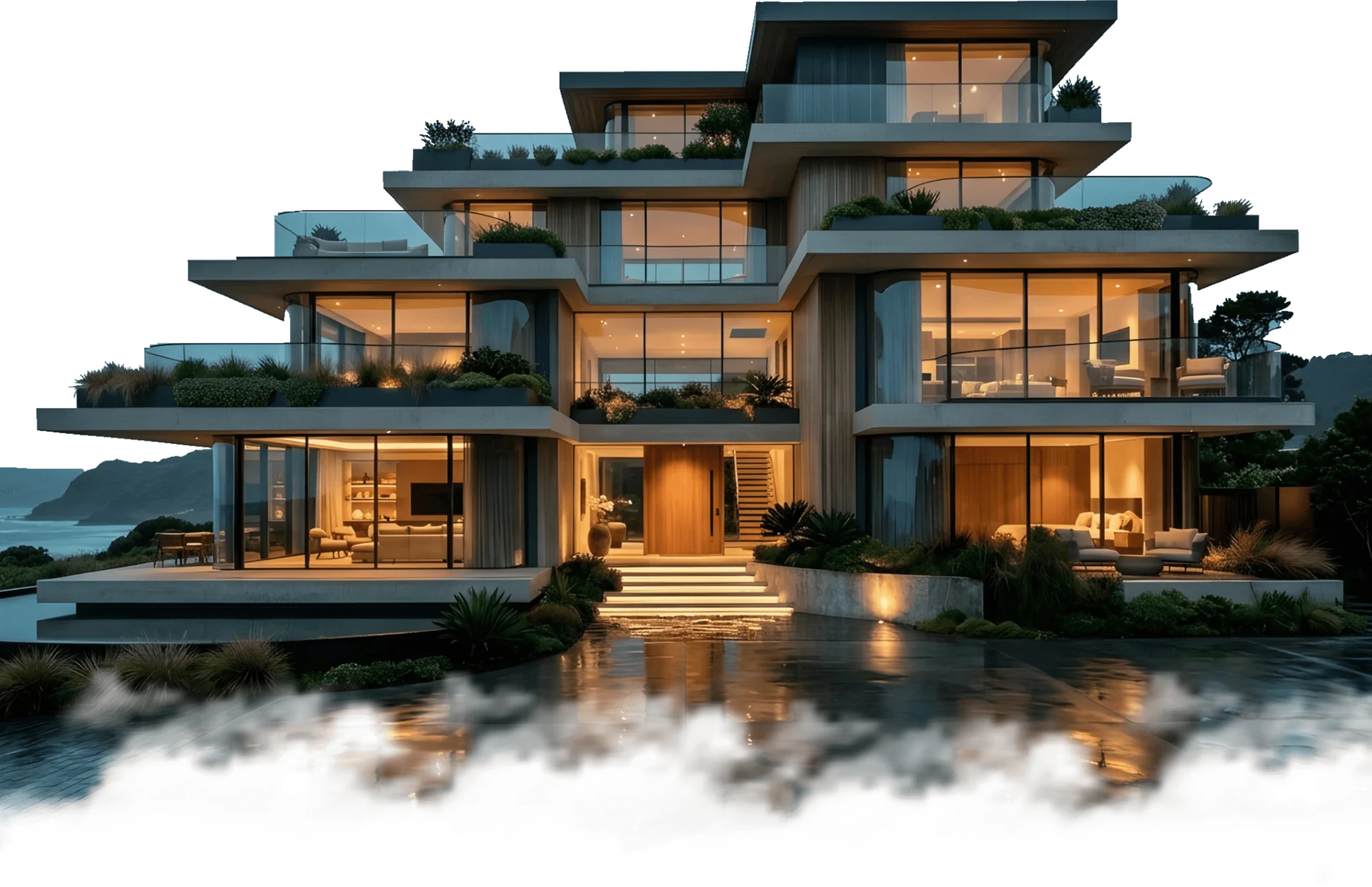 Modern multi-level home with large glass windows and layered terraces at dusk.